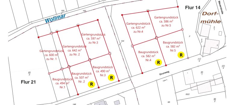 Übersichtsplan der Baugrundstücke mit Größenangabe in m² im Grunweg